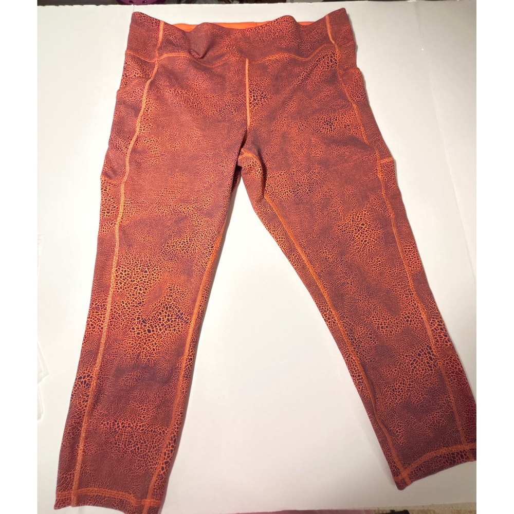 Lululemon Fast and Free Crop Leggings Orange Purple Crackle Print Size 18